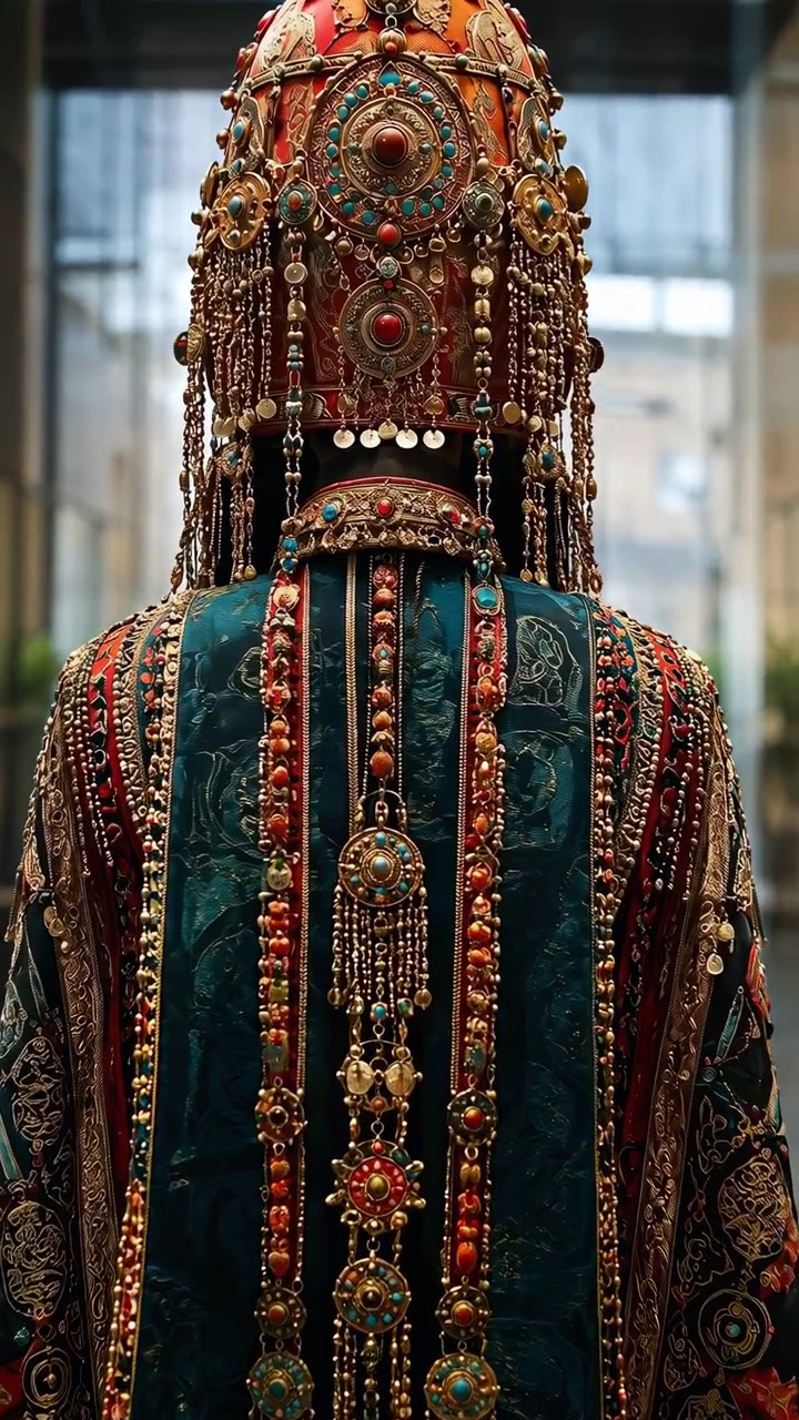Ceremoniel hovedbeklædning og matchende perlebesat kåbe vist på mannequin inde i moderne museumsatrium, med orange og guld ornament, turkise accenter, koncentriske medaljoner og subtil kædebevægelse