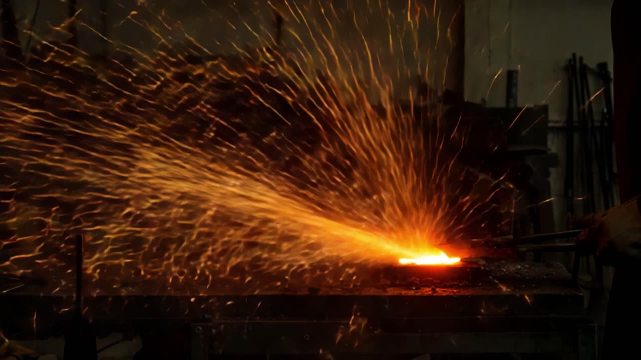 Dynamic Steel Forging Process: Capturing the Intense Spark and Heat of Blacksmithing as Metal is Shaped, Showcasing the Artistry and Craftsmanship of Traditional Techniques
