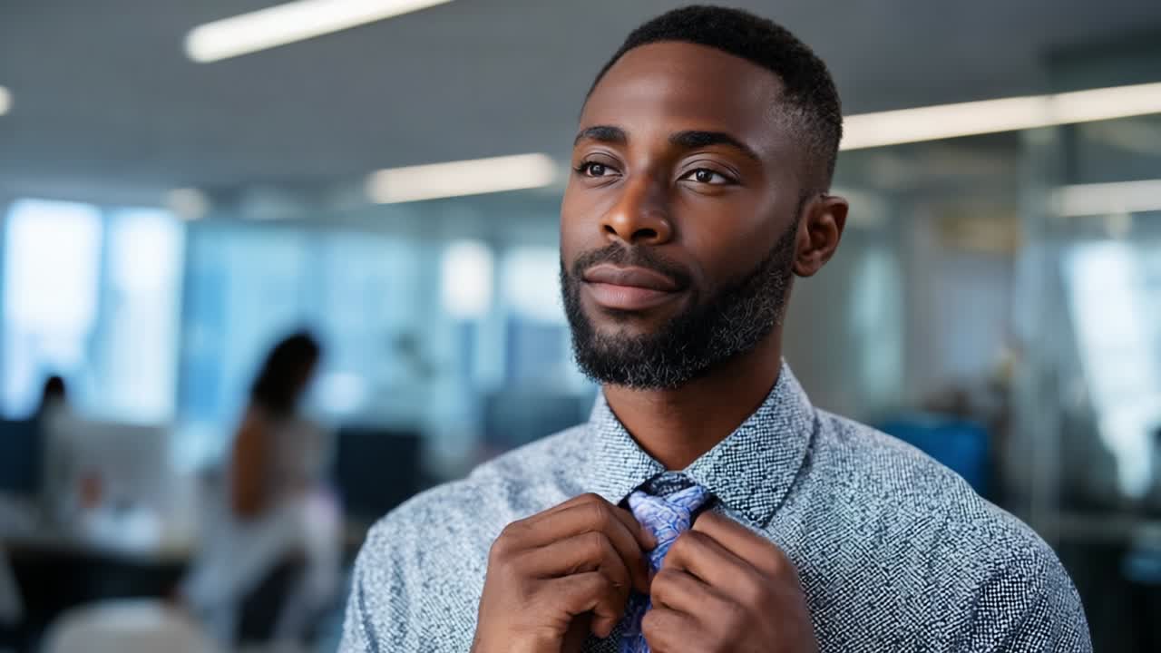 A Confident Professional Adjusting His Tie in a Modern Office, Exuding Poise and Focus While Preparing for a Significant Meeting, Radiating Ambition and Determination in a Contemporary Workspace