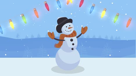 happy merry christmas animation with lights bulbs and snowman