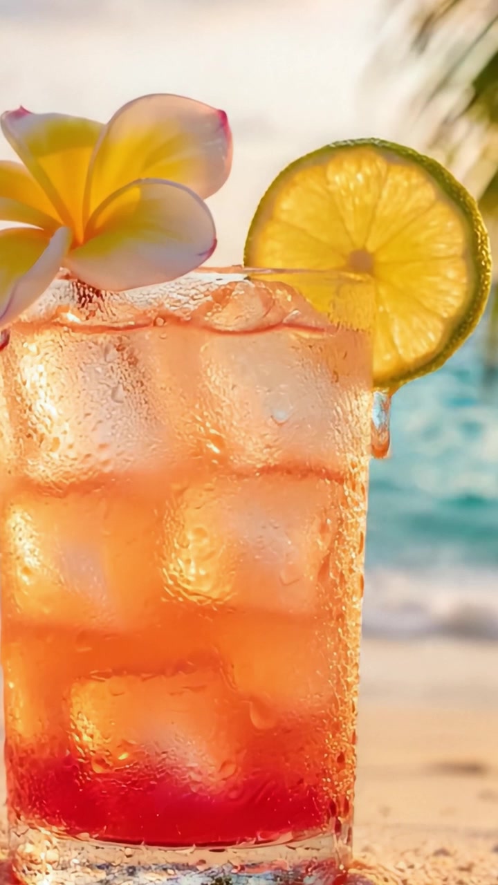 Cocktail tropicale rinfrescante in un bicchiere con ghiaccio, guarnito con lime e un fiore su uno sfondo di spiaggia al tramonto, perfetto per il relax e il divertimento estivo