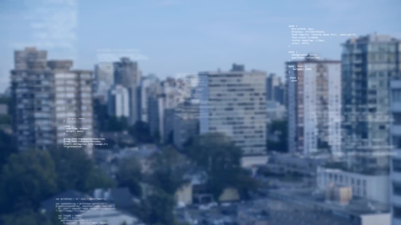 animación del procesamiento de datos frente a una vista aérea de edificios altos
