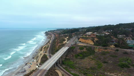 aerial view of north torrey pines road bridge at pacific ocean coastline in the state of california