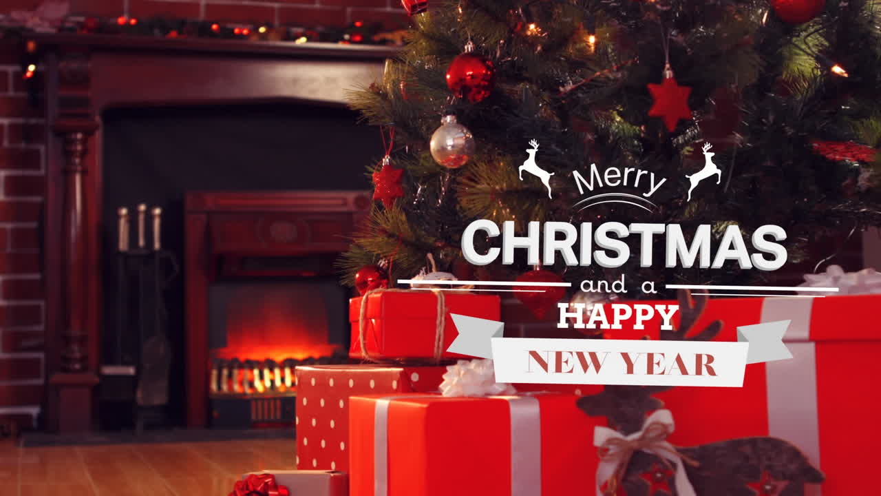 선물 과 크리스마스 트리 위 에 있는 메리 크리스마스 텍스트 의 애니메이션