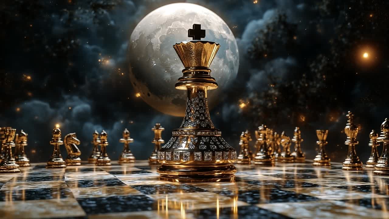 Chess match under a dramatic moonlight. A moonlit chessboard with ornate pieces awaits a night battle beneath the stars.