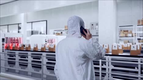 back view of asian male scientist talking on smartphone while standing with conveyor for packaging coffee beans in bags at coffee factory
