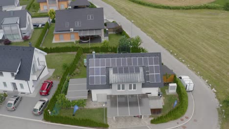 drone view of solar panels on the roof in the residential estate