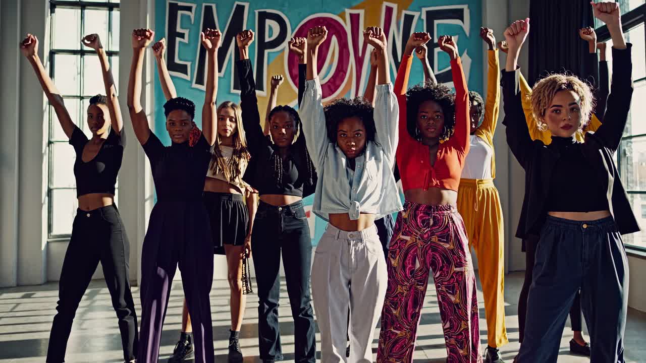 A group of diverse women stand confidently in a sunlit room with 'Empower' on the wall