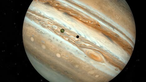 representación cgi 3d dramática y de alta calidad del hermoso e icónico planeta júpiter, con su luna, io, en tránsito y proyectando una sombra sobre la superficie del planeta