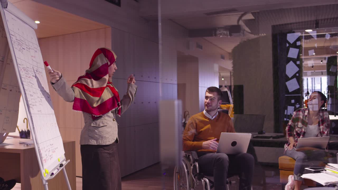 Donna musulmana in un moderno ufficio coworking open space che fa una presentazione al team. Donna d'affari araba mediorientale in un ufficio di startup creativo. Uomo d'affari disabile in sedia a rotelle a una riunione di team.