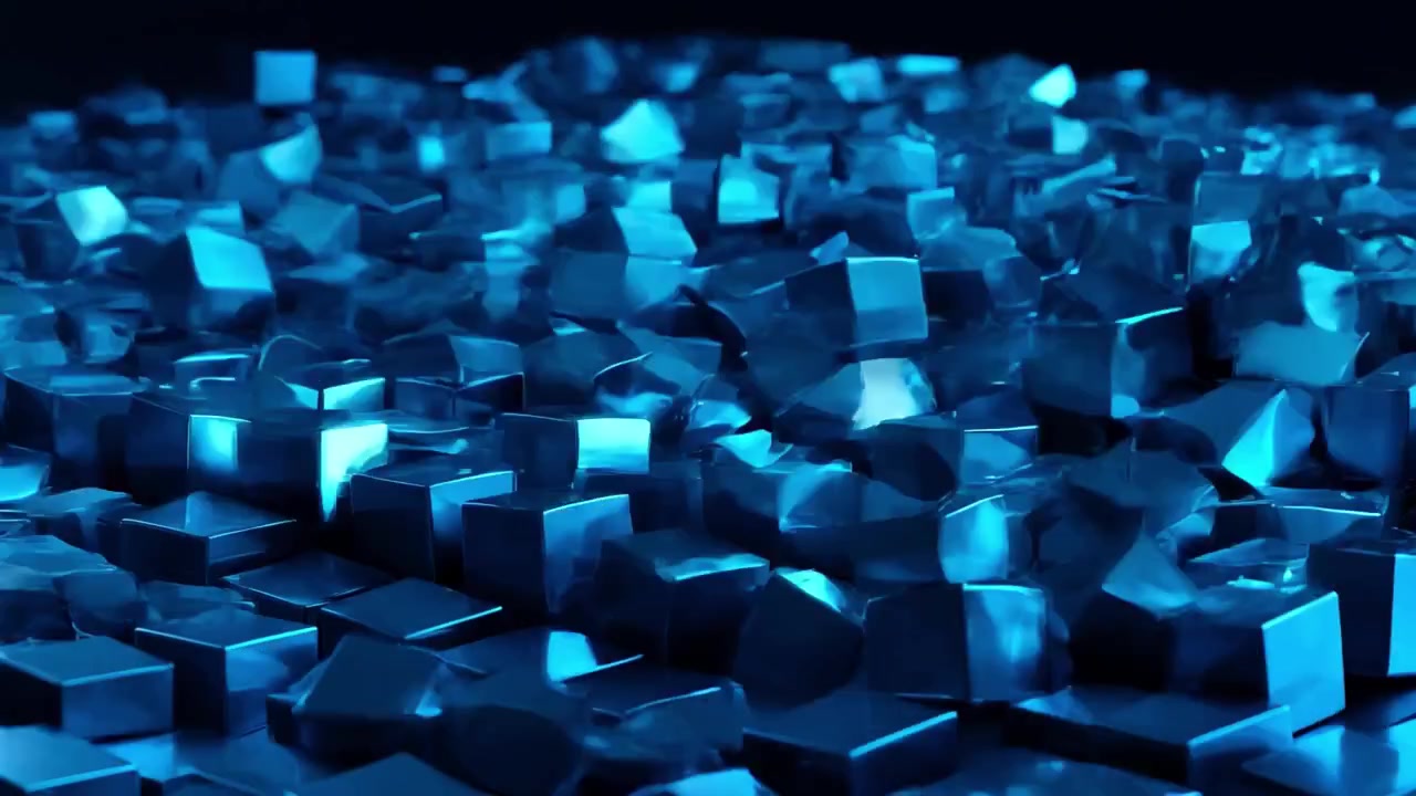 Abstract 3D Animation of Blue Metallic Cubes Moving in Waves