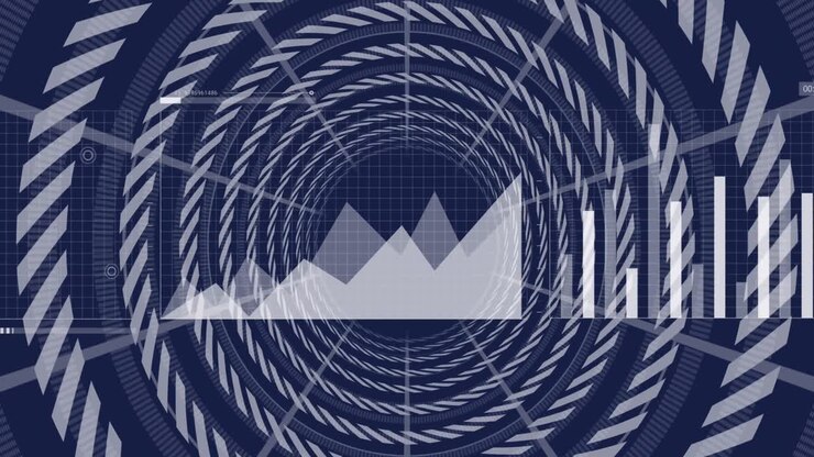 Animazione di elaborazione dati statistici su scanner circolari con motivo continuo su sfondo blu.