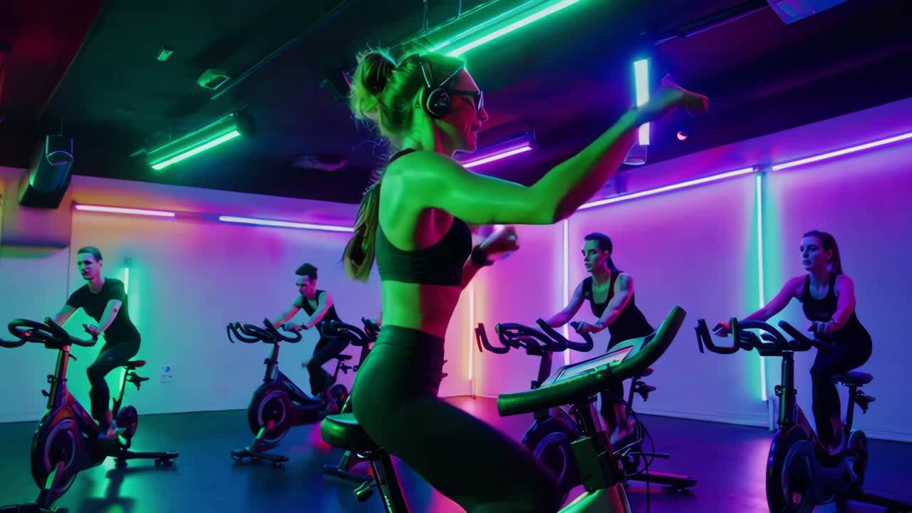 Group Spin Class in a Neon-Lit Gym