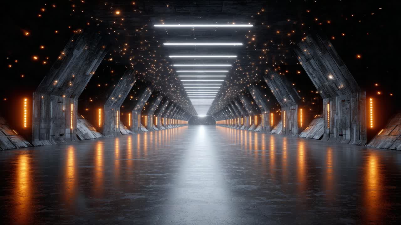 A Stunning Sci-Fi Corridor Dimly Lit with Glowing Lights and a Futuristic Design that Captivates the Imagination and Evokes a Sense of Wonder and Exploration