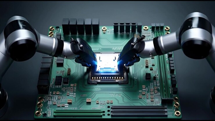Bracci robotici che installano una CPU luminosa su una scheda madre