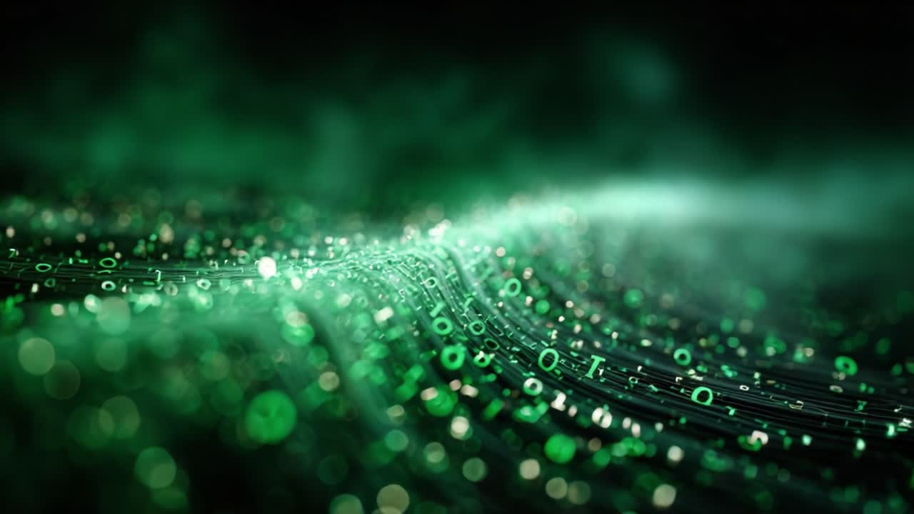 A mesmerizing visualization of digital data represented as flowing green binary code, illustrating the convergence of technology and information in a captivating manner
