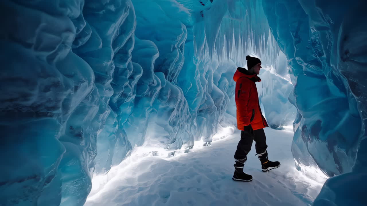 Man Exploring a Stunning Blue Ice Cave