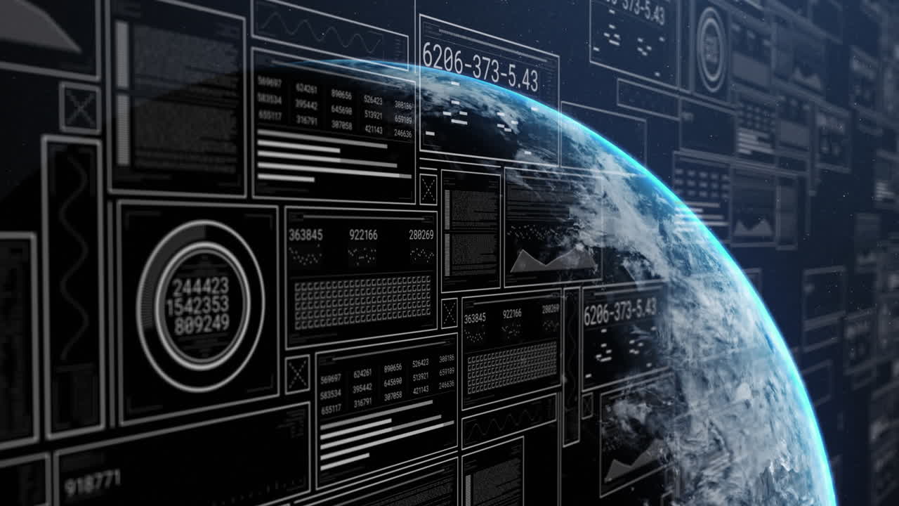 Animation of graphs, changing numbers loading bars, circles over globe against abstract background