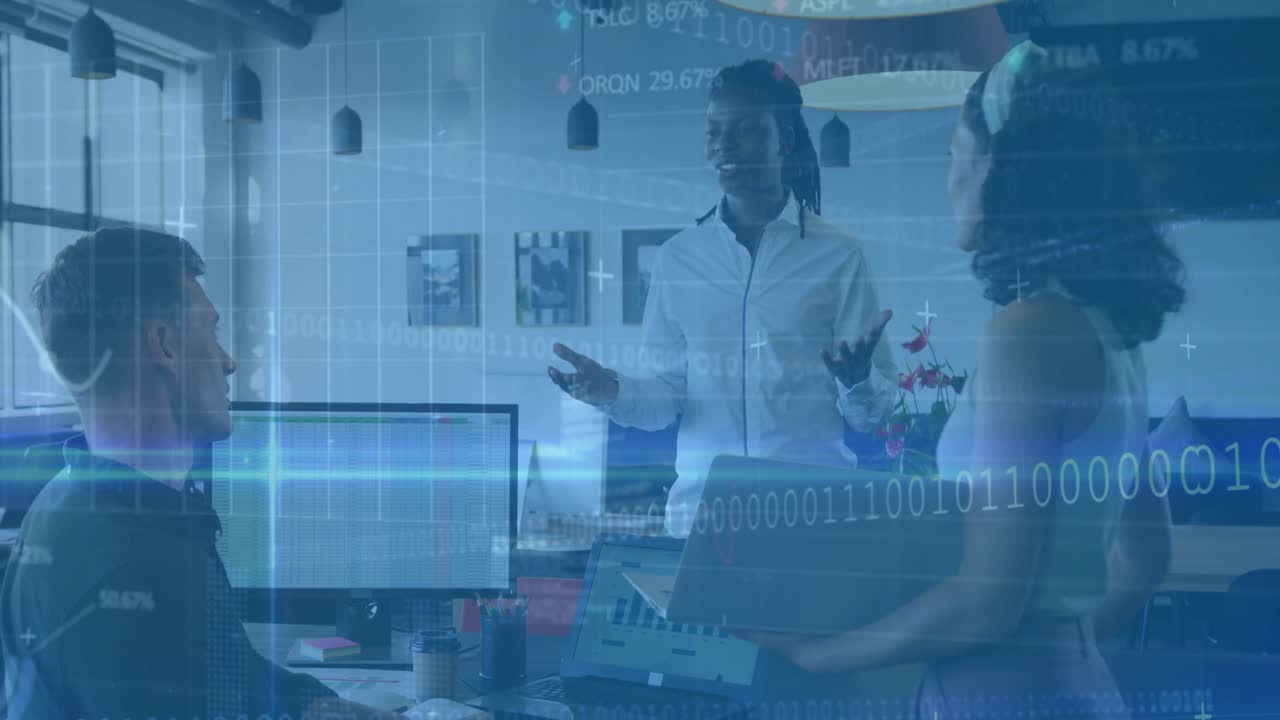 Team lead starting analytics showing code chart overlays while developer nodding engineer listening