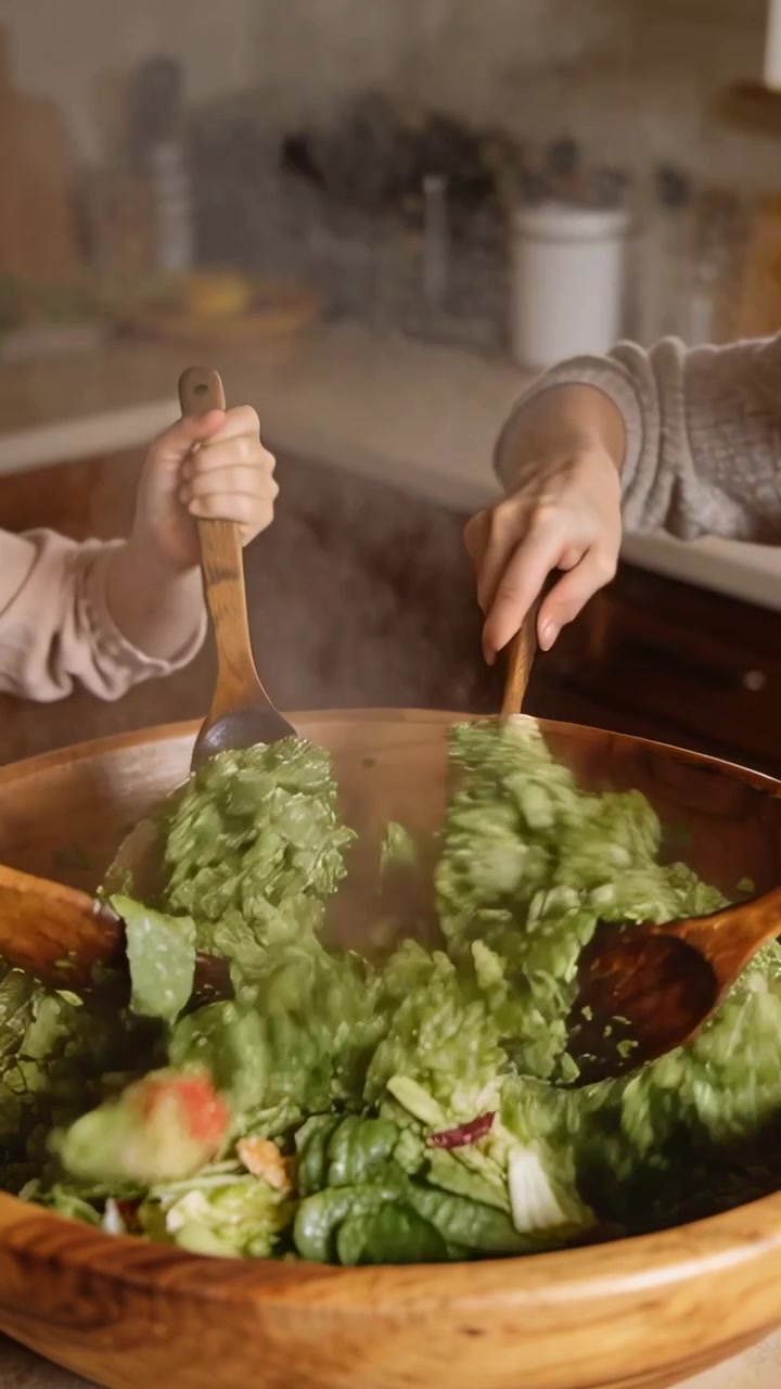 Video verticale: Posizionando cucchiai, una coppia in maglioni mescola verdure in una ciotola di legno a casa, con vapore che sale.