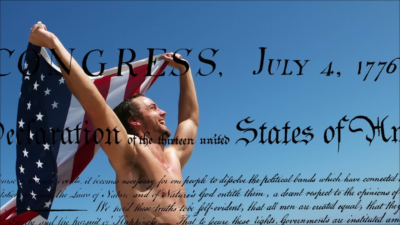 미국 발과 미국 독립 선언서를 들고 있는 남자