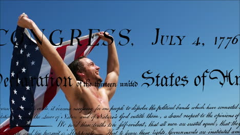 man holding american flag and written declaration of independence of the united states