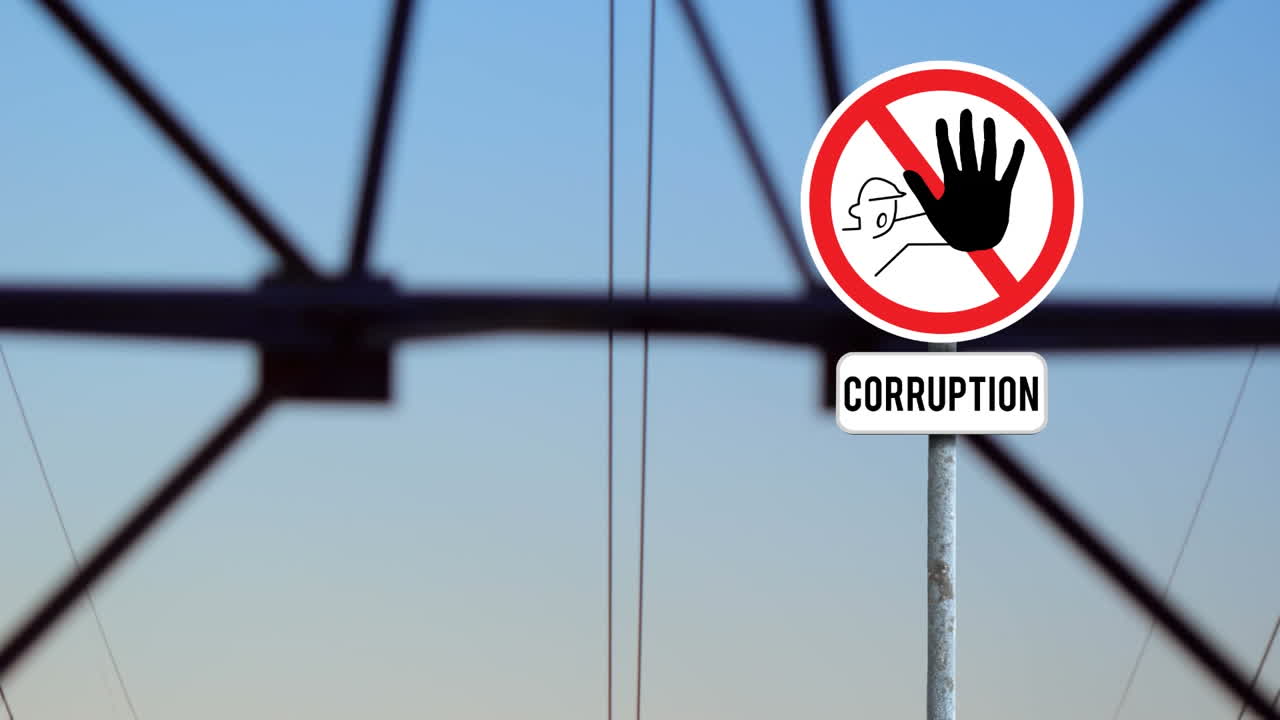 네트워크 타워와 해가 지는 하늘에 대한 정지 curruption 표지판의 애니메이션