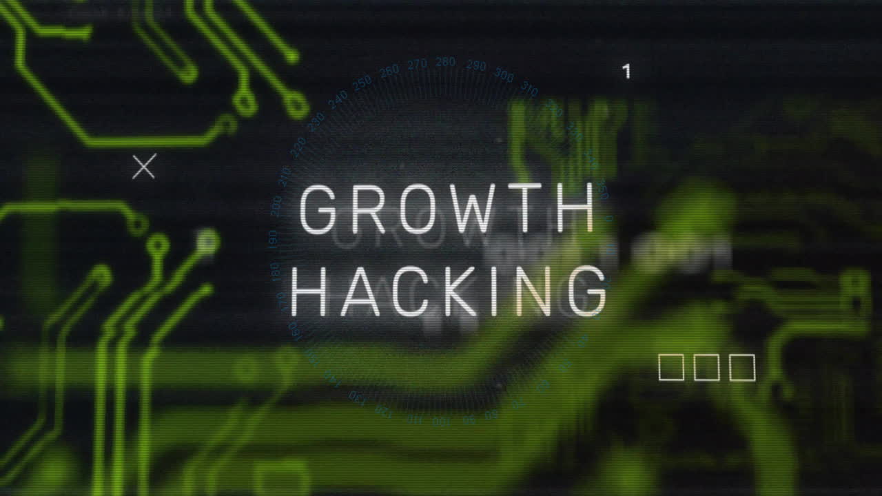 Growth hacking text animation over green circuit board graphics