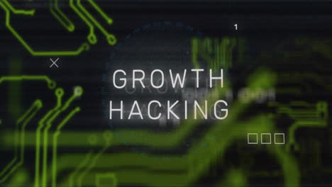 growth hacking text animation over green circuit board graphics