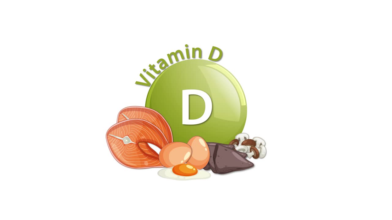 A green Vitamin D icon animates in with illustrated food sources like mushrooms, eggs, and fish, set against a clean white background
