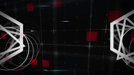 animation of scopes scanning, triangles spinning and data processing over grid on black background