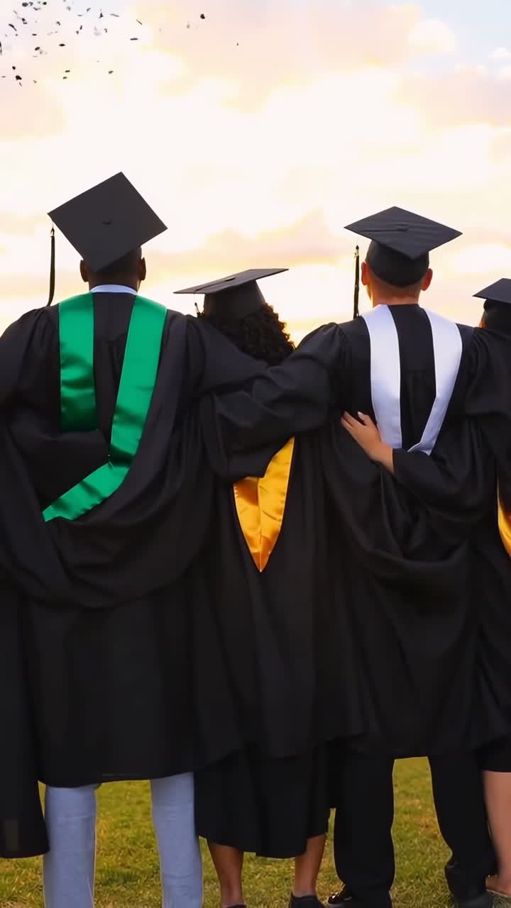 Laureati di spalle con tocco e toga al tramonto, ripreso in un video grandangolare