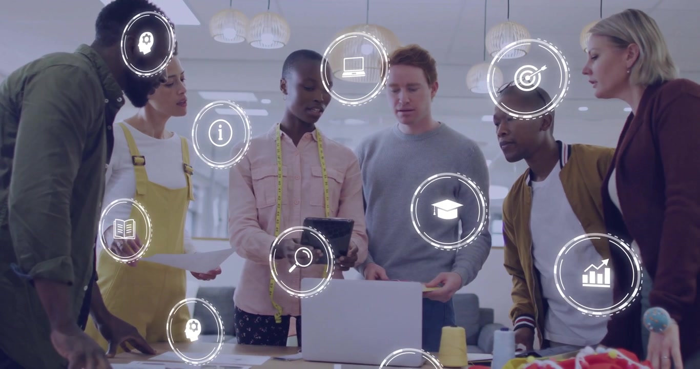Diverse Creative Team Collaborating on Project in Modern Office