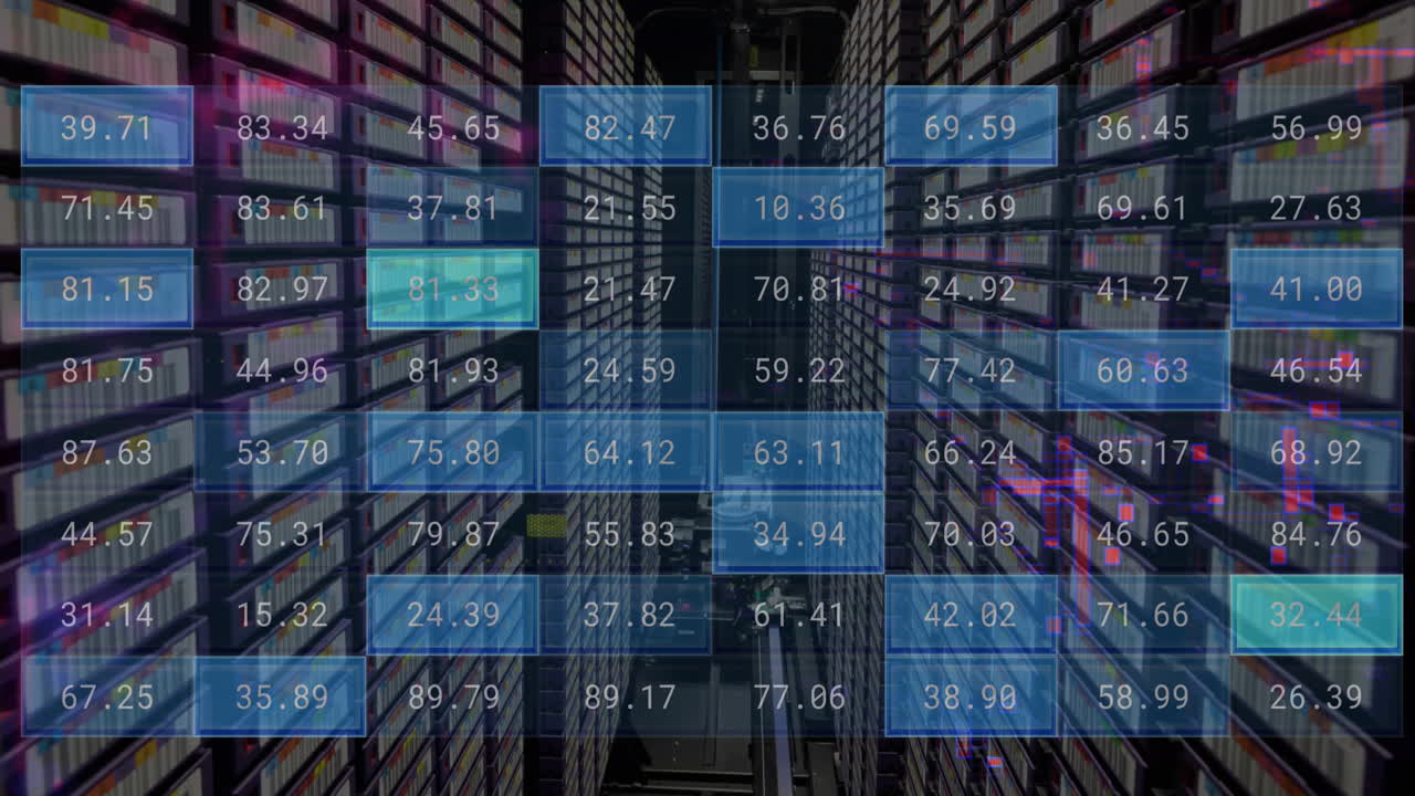 animación del procesamiento de datos financieros a través de servidores informáticos