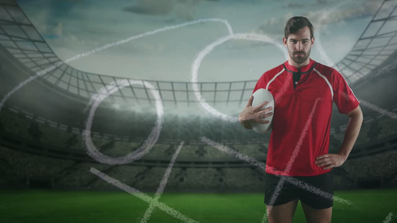 프로 럭비 선수 가 스포츠 경기장 앞 에 서 있는 4k