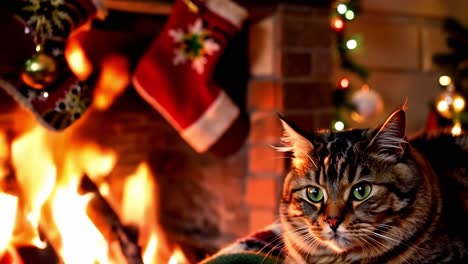 gato de navidad junto a la chimenea