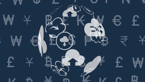 animation of currency symbols and globe with clouds on dark background