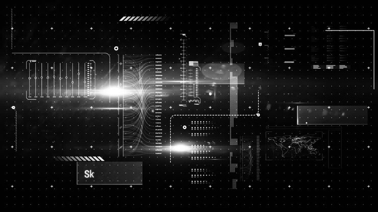 Animation of interface with stock market and financial data processing against light spot