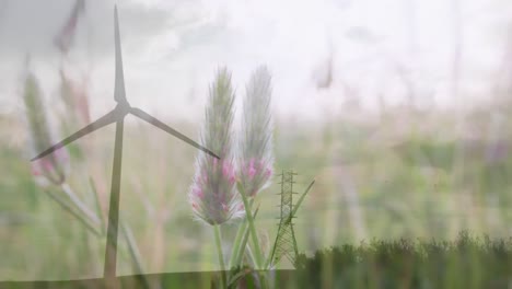 Animación-De-Una-Turbina-Eólica-Girando-Sobre-Flores-En-Una-Pradera-De-Primavera