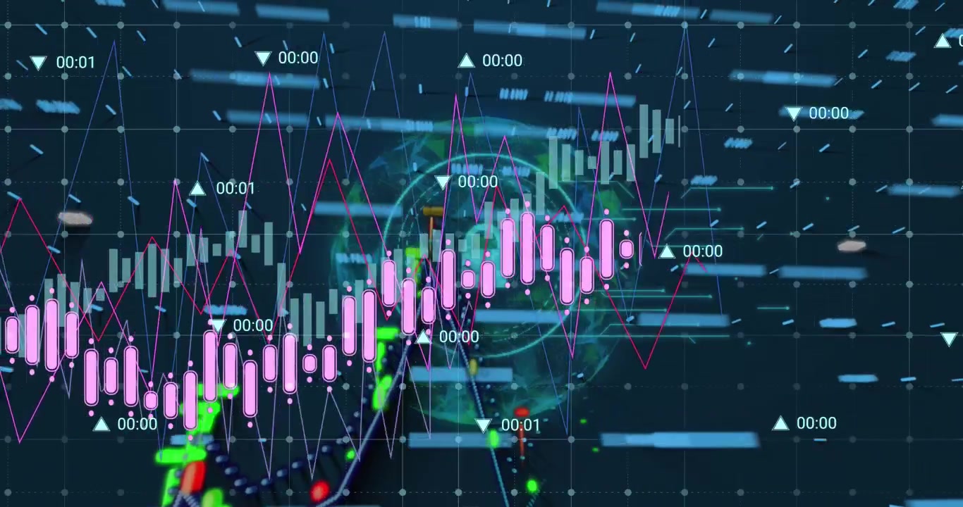 Animation of financial data processing over globe and padlock