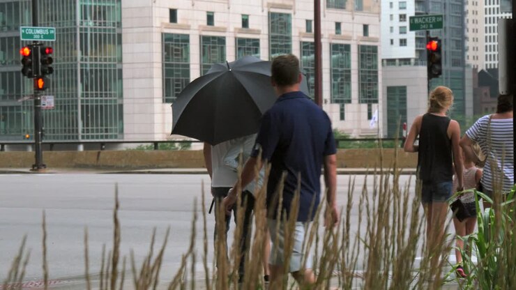 Couple Stood with Umbrella in Chicago