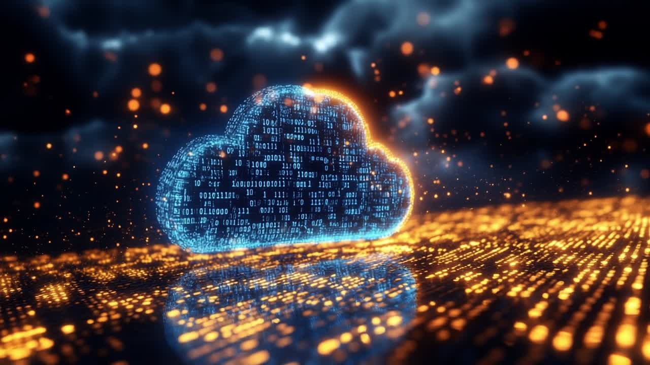 Data transfer in cloud computing. A digital cloud appears surrounded by binary code and glowing particles, representing data transfer in technology.