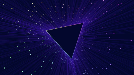 forma triangular negra y púrpura con líneas brillantes, rodeada de luz azul y estrellas