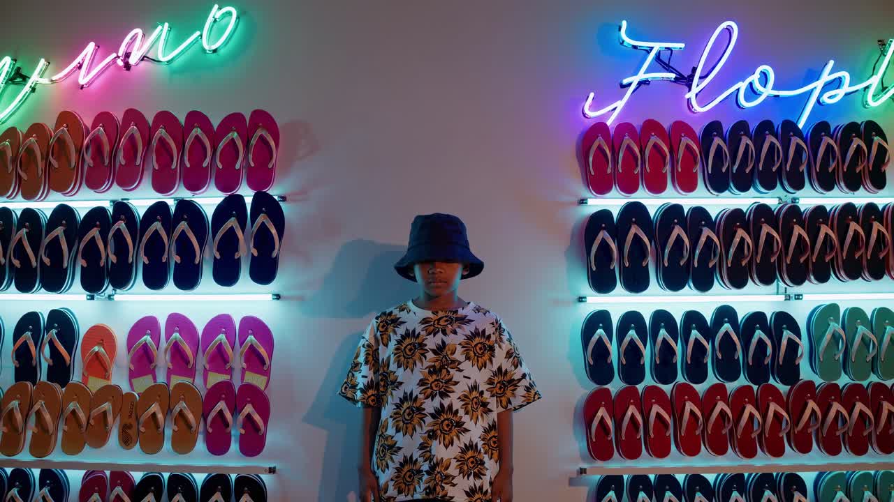 Young boy wearing a bucket hat and floral t shirt posing in a shop against a wall of colorful flip flops, illuminated by vibrant neon lights