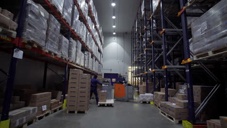 trabajadores de almacén que manejan paletas y cajas en una instalación de almacenamiento en frío
