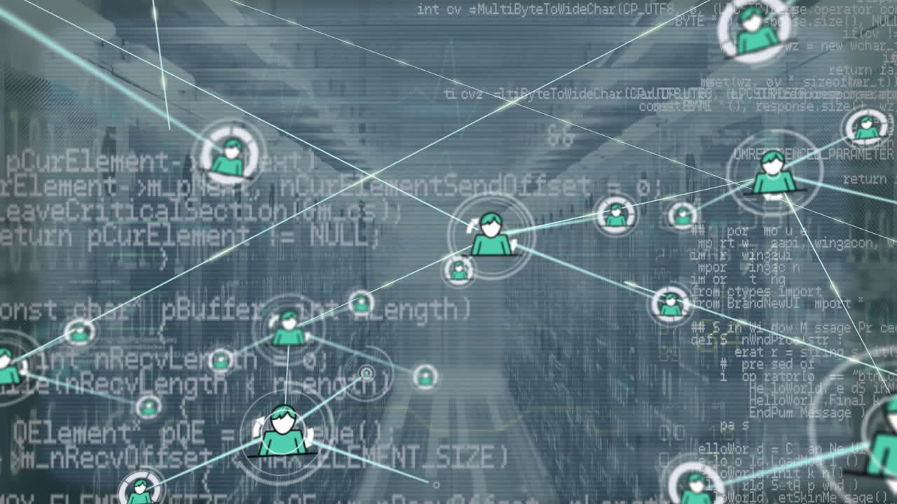 Animation of network of connections and data processing over server room