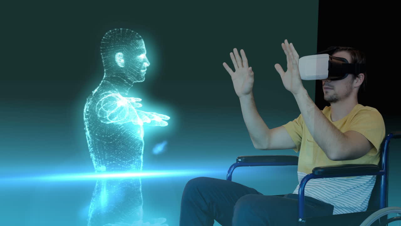 Using virtual reality headset, man in wheelchair interacting with holographic human animation