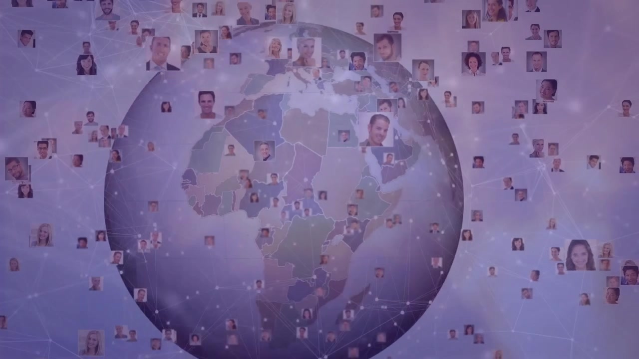 Globe rotating spawning floating portrait thumbnails and connecting lines showing connectivity