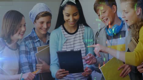 Graphic-data-over-smilling-schoolgirl-using-tablet-with-friends.