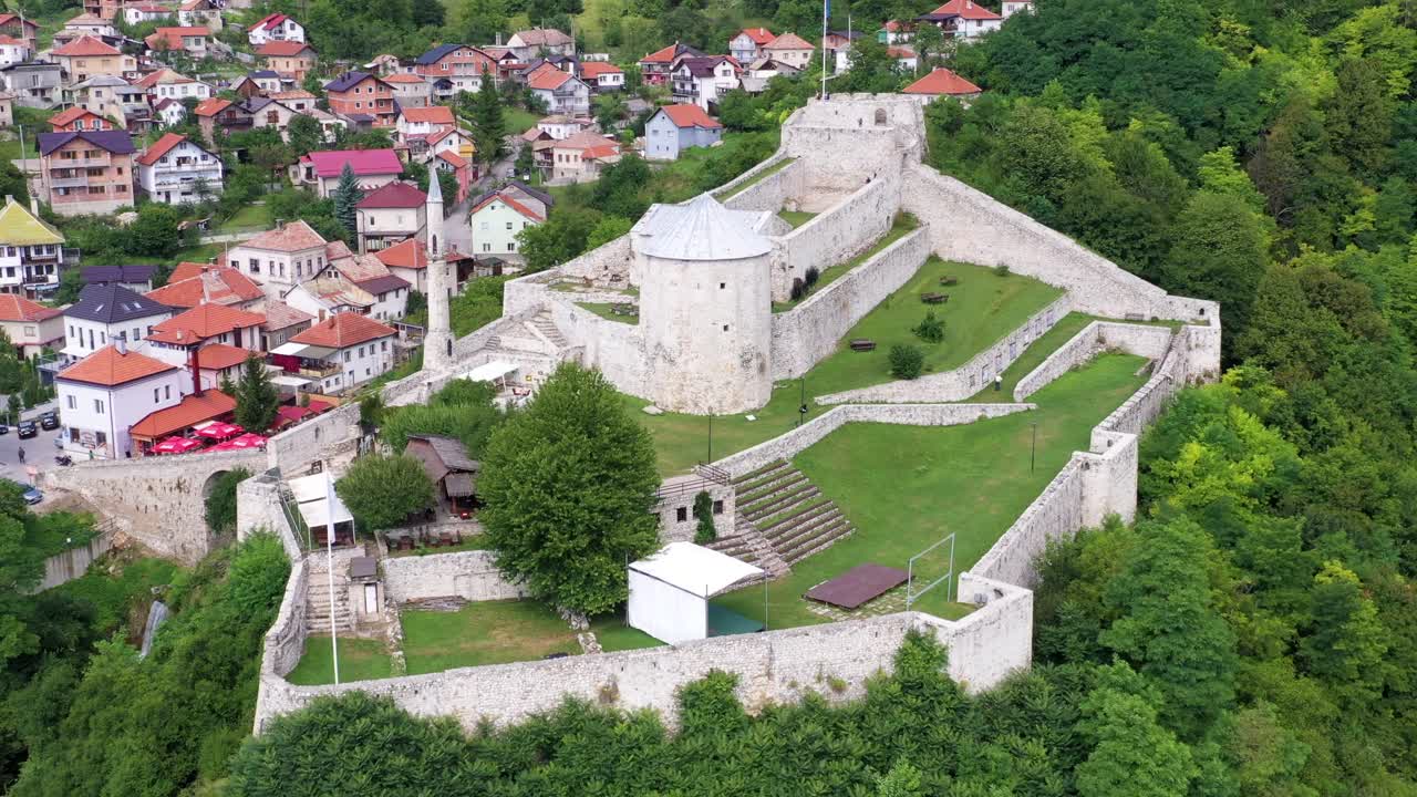 Aerial drone flyover Stari Grad fortress in Bosnia and Herzegovina